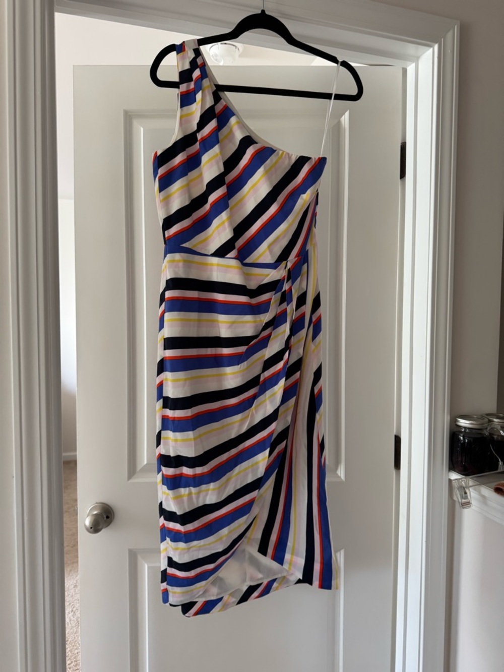 J. Crew One-Shoulder Stripe Midi Dress in Blue, Black, Red, Yellow